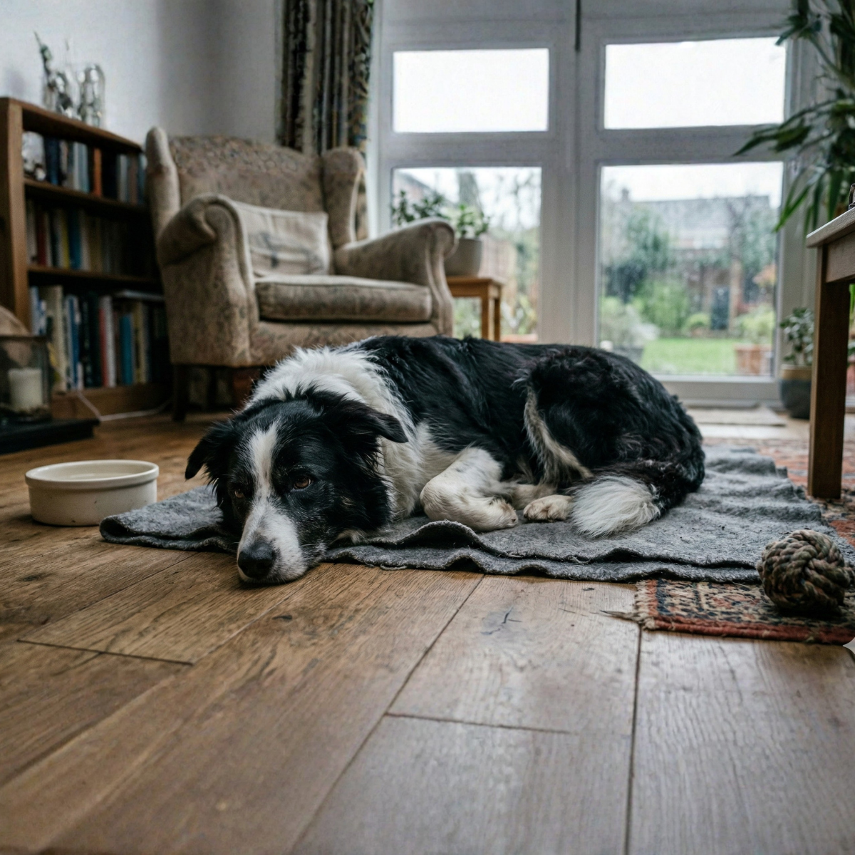 Hund hat einen unruhigen Magen-Darm-Trakt und liegt am Boden Hund hat einen unruhigen Magen-Darm-Trakt und liegt am Boden